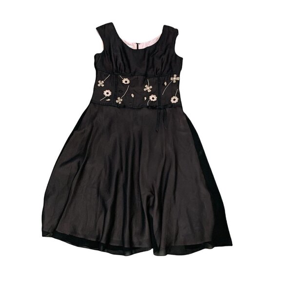 London Times Plus Sz 14 Sheer Black Lined Chiffon Dress Flower Appliqués #224C - Picture 2 of 7